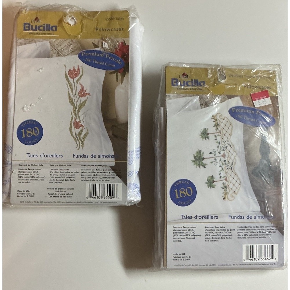 2 Pkgs Bucilla Stamped Pillow Cases Set Tulips #65509 & Palm Trees #65462